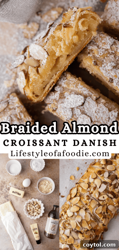 Pinterest pin for Braided Almond Croissant Danish recipe featuring the finished pastry.