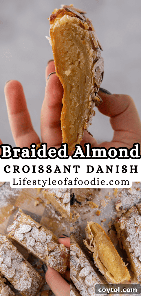 Third Pinterest pin image highlighting the flaky texture of the Braided Almond Croissant Danish.