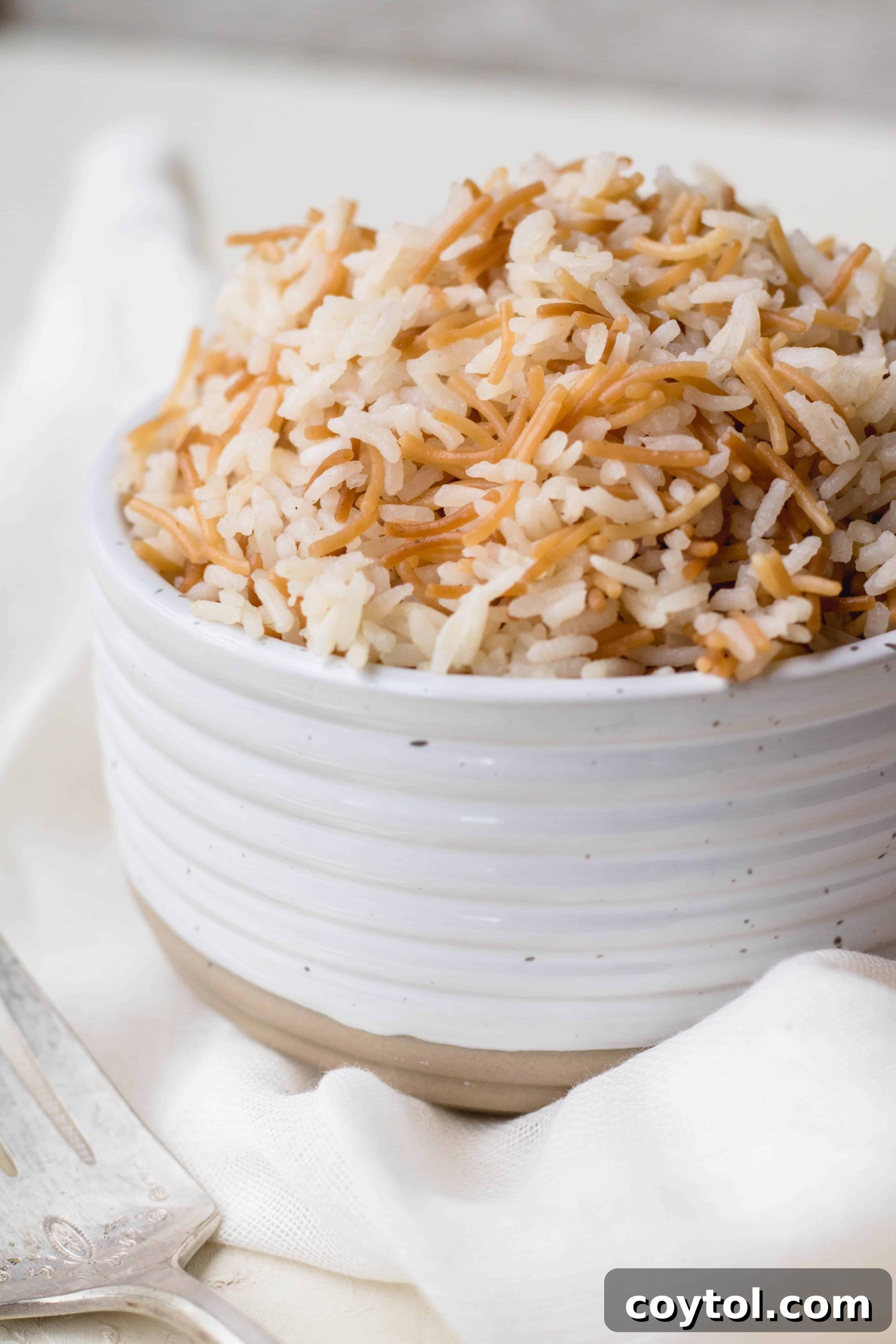 A serving of Lebanese rice pilaf in a decorative bowl, ready to be enjoyed as a comforting and flavorful side dish.
