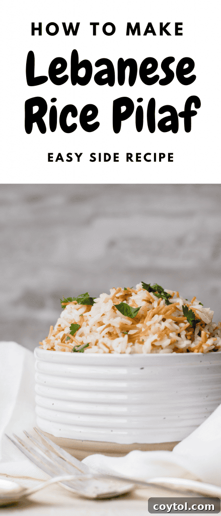 Pinterest graphic featuring a bowl of Lebanese rice pilaf with text overlay encouraging saving the recipe for later.