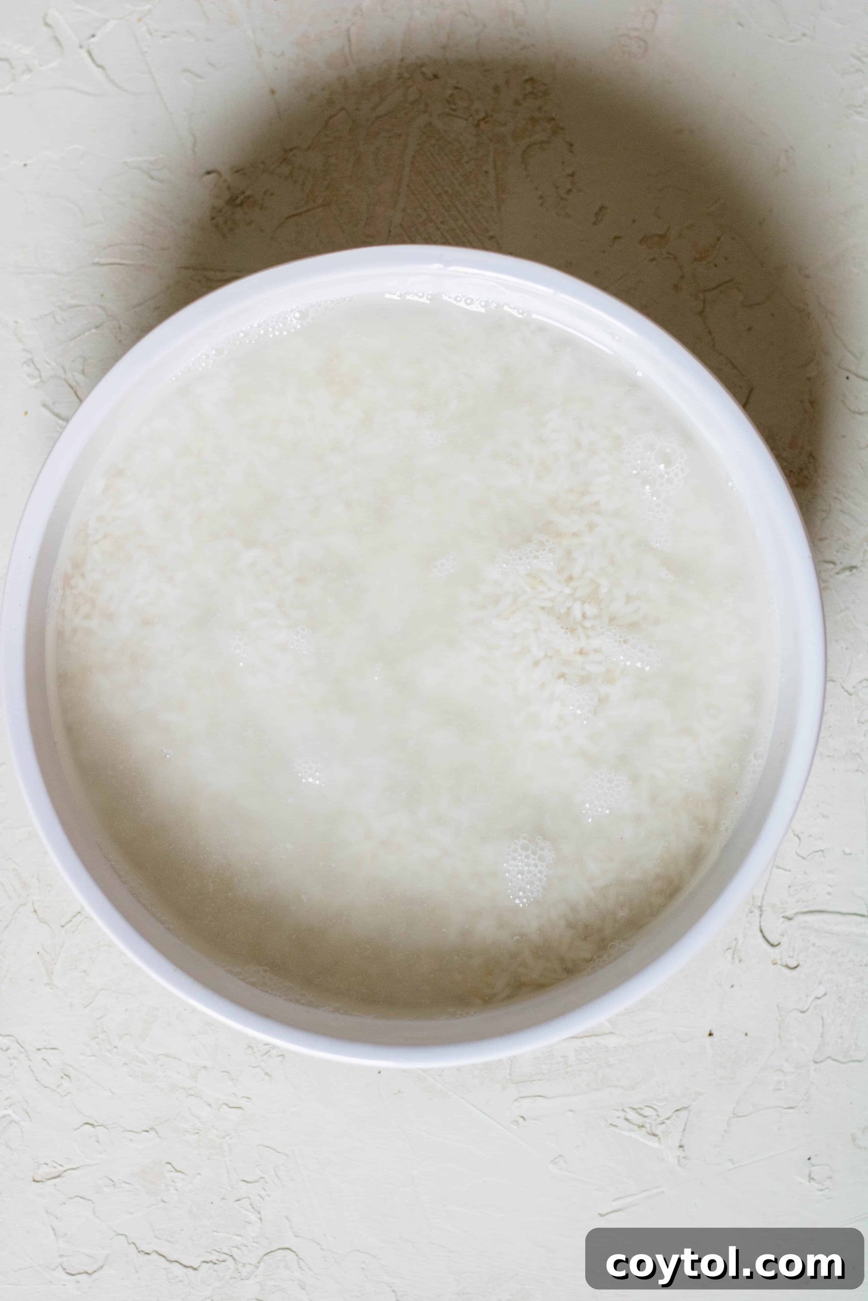 Close-up of long-grain white rice soaking in cold water in a bowl, a recommended step for ideal cooking.