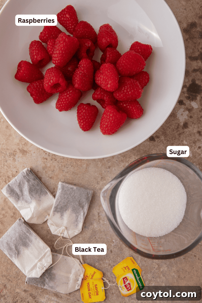 Ingredients for Raspberry Iced Tea recipe laid out on a table