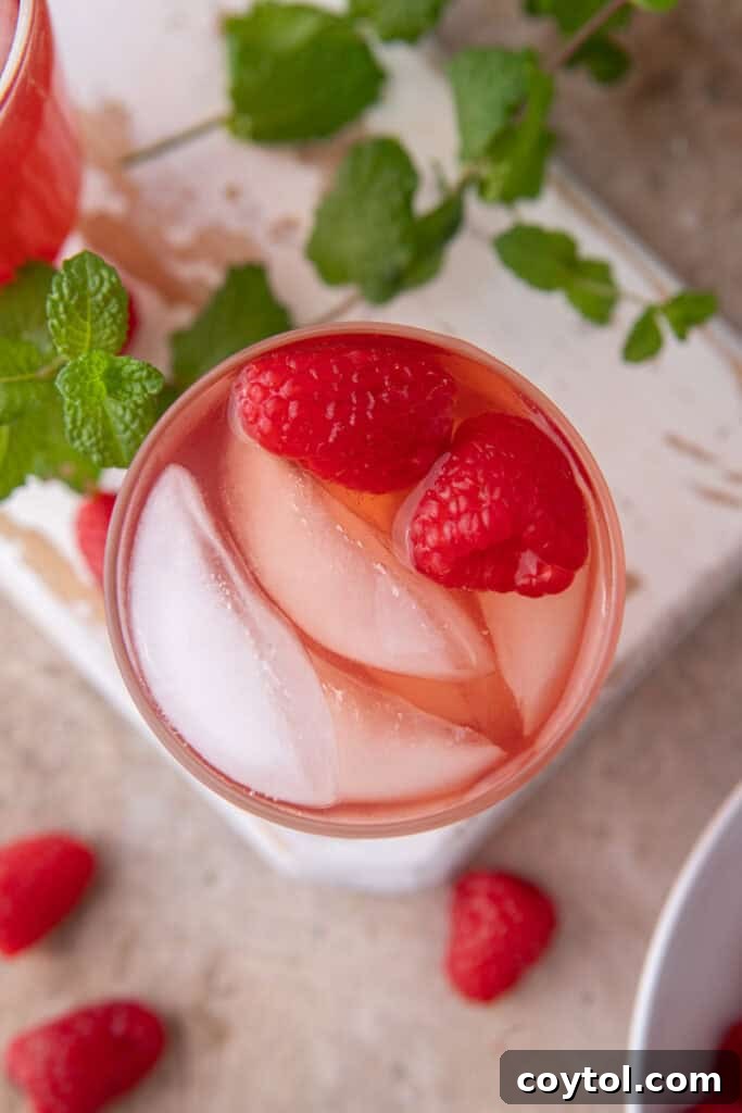 Overhead shot of raspberry iced tea in a glass with ice and fresh fruit