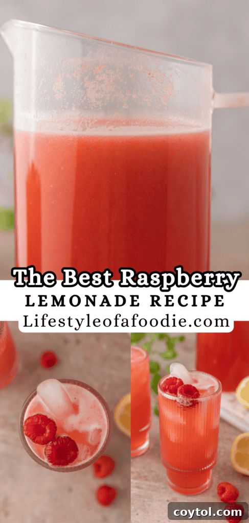 Pinterest pin for the raspberry lemonade recipe showing a glass