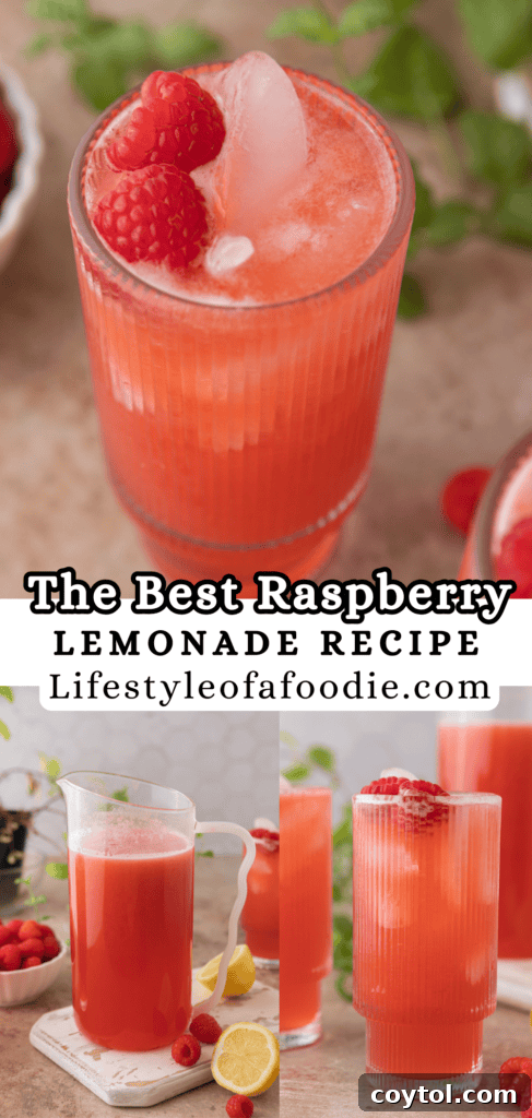 Pinterest pin for the raspberry lemonade recipe with ingredients