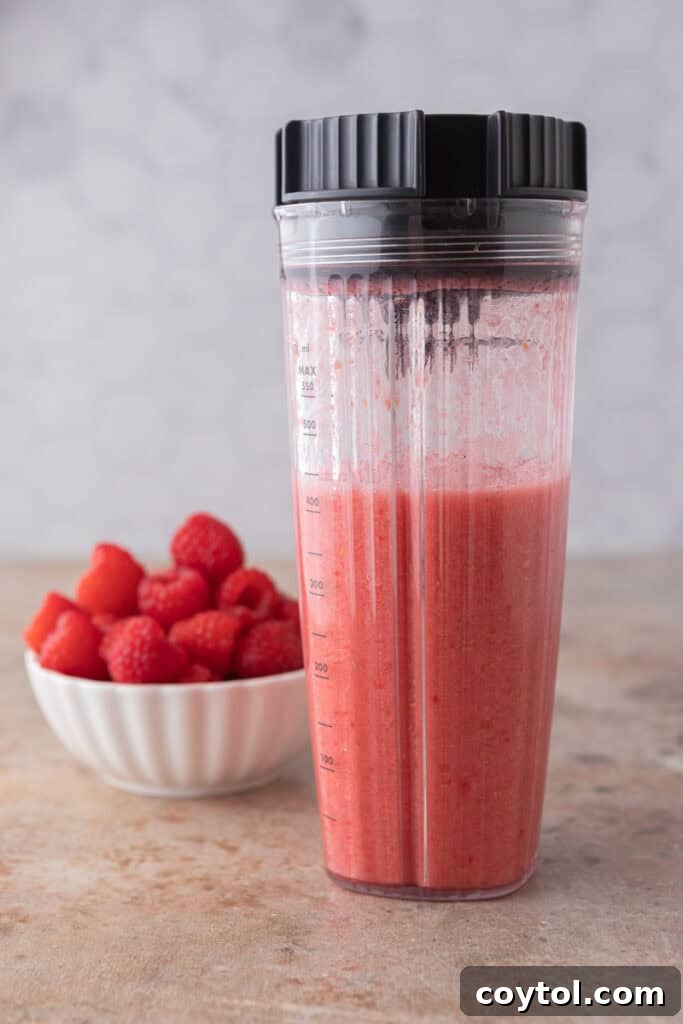 Raspberries and water in a blender