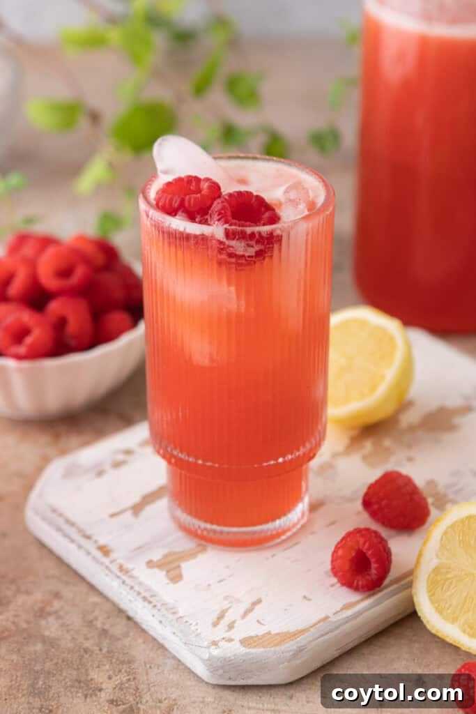 Raspberry lemonade recipe in a glass with ice, garnished