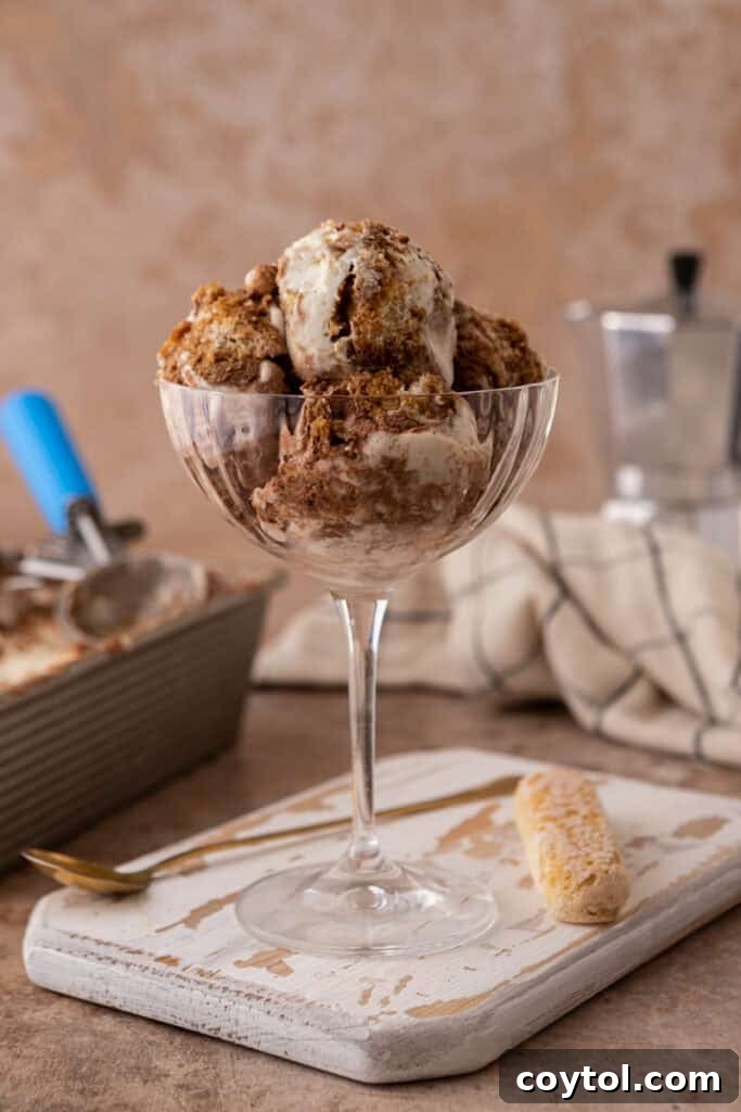 A scoop of no-churn tiramisu ice cream in a clear glass, showing its beautiful layers and creamy texture.