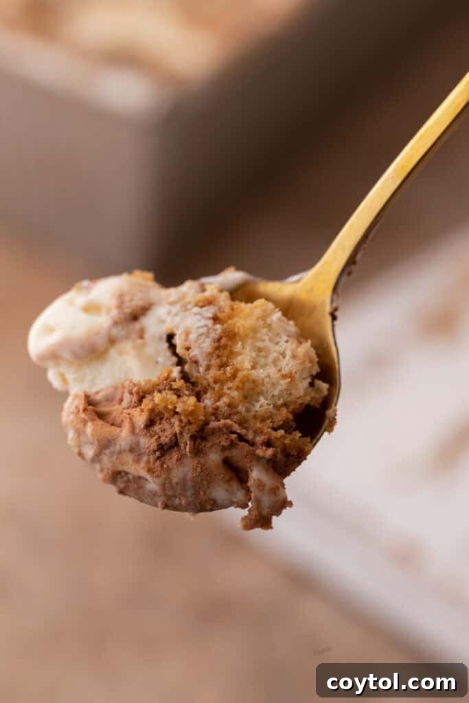 A close-up of no-churn tiramisu ice cream on a spoon, highlighting its smooth texture and cocoa dusting.