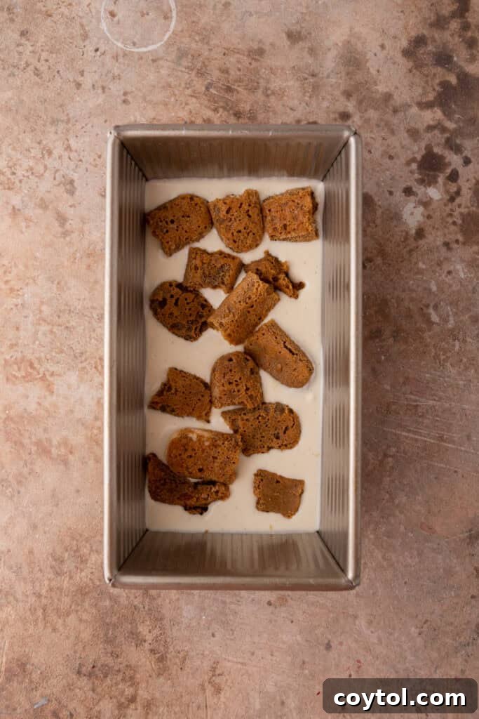 The first layer of ice cream base spread in a loaf pan, topped with espresso-soaked ladyfingers.