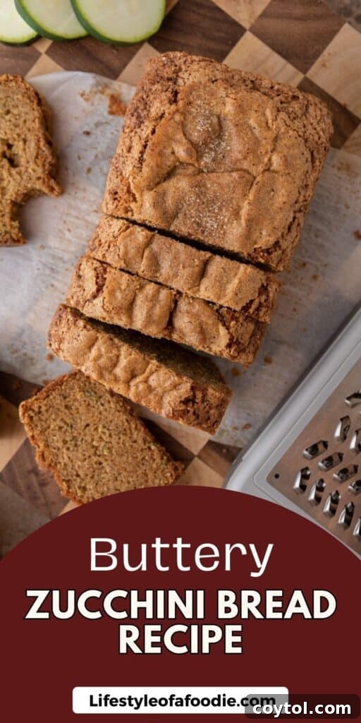 Pinterest pin featuring stacked slices of zucchini bread, inviting viewers to bake.