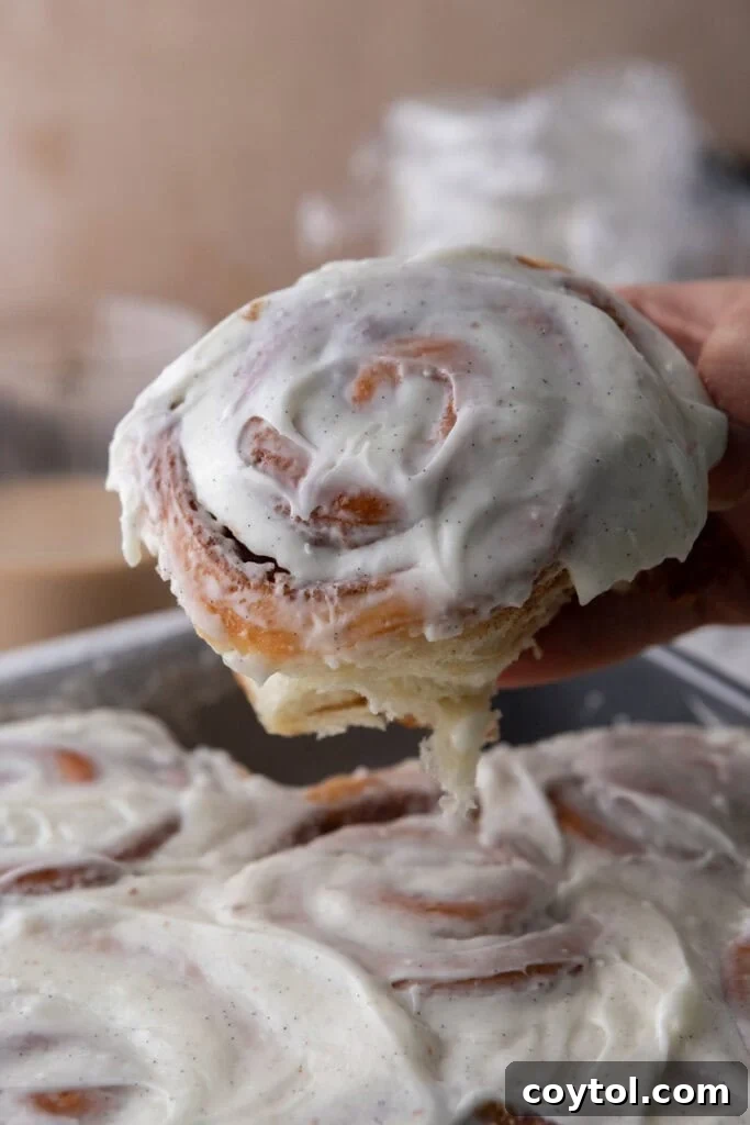 Close-up shot of perfectly baked Sourdough Discard Cinnamon Rolls with luscious cream cheese frosting, ready to be served.