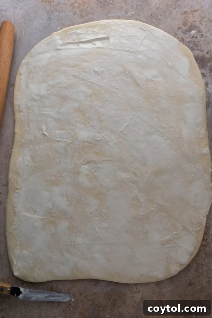Dough successfully rolled out into a large, even rectangle on a lightly floured countertop.
