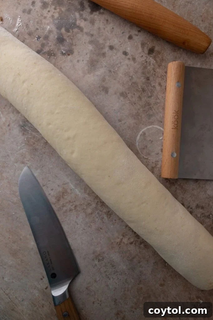 Dough tightly rolled into a long, uniform log with the cinnamon filling visibly swirled inside.