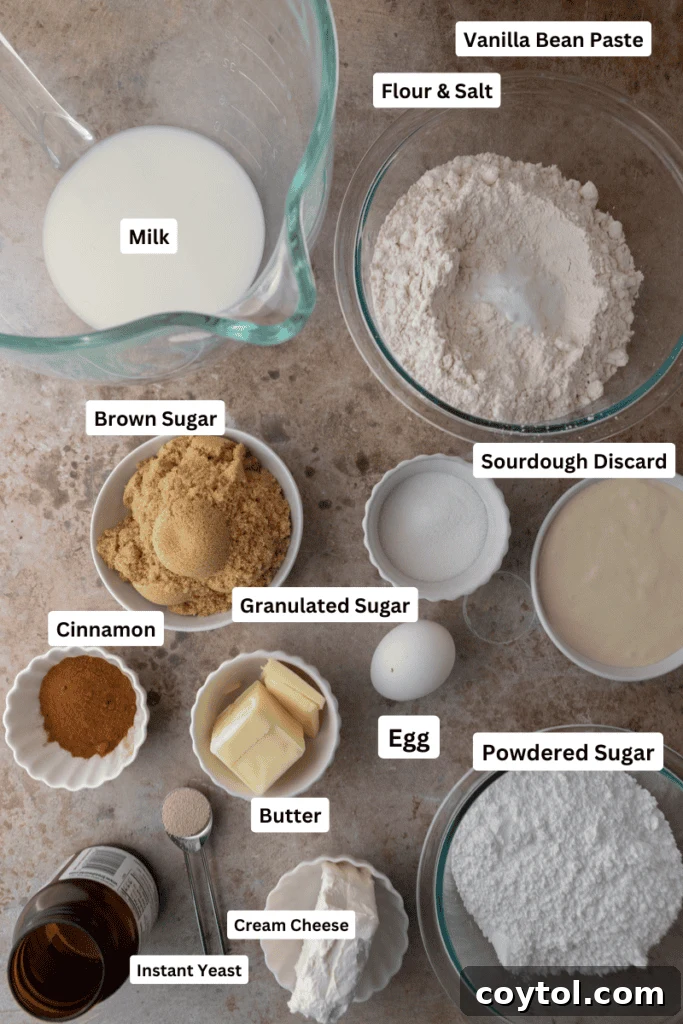 Essential ingredients for Sourdough Discard Cinnamon Rolls laid out on a kitchen surface, showcasing flour, milk, butter, and spices.