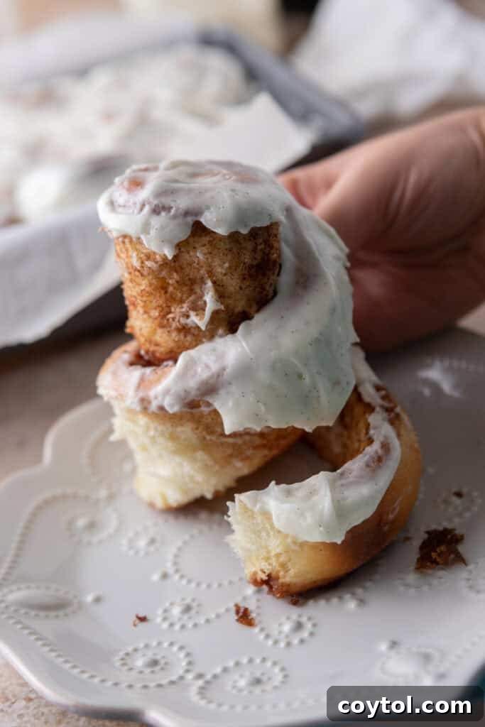 A Sourdough Discard Cinnamon Roll being gently pulled apart, revealing its tender, spiraled interior, ready to be enjoyed.