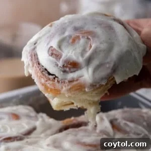 Close-up of a freshly baked Sourdough Discard Cinnamon Roll with swirls of cinnamon and creamy frosting.