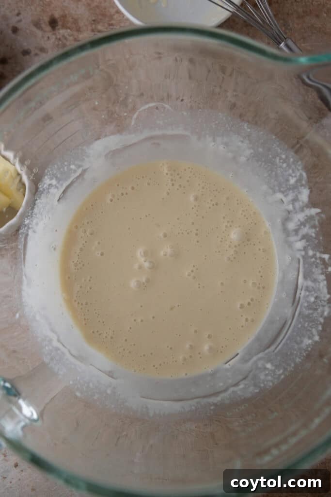 All wet ingredients, including bloomed yeast, sourdough discard, egg, and sugar, thoroughly mixed in a bowl.