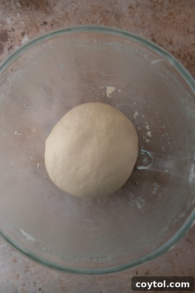 Cinnamon roll dough formed and resting in a bowl after mixing dry and wet ingredients.