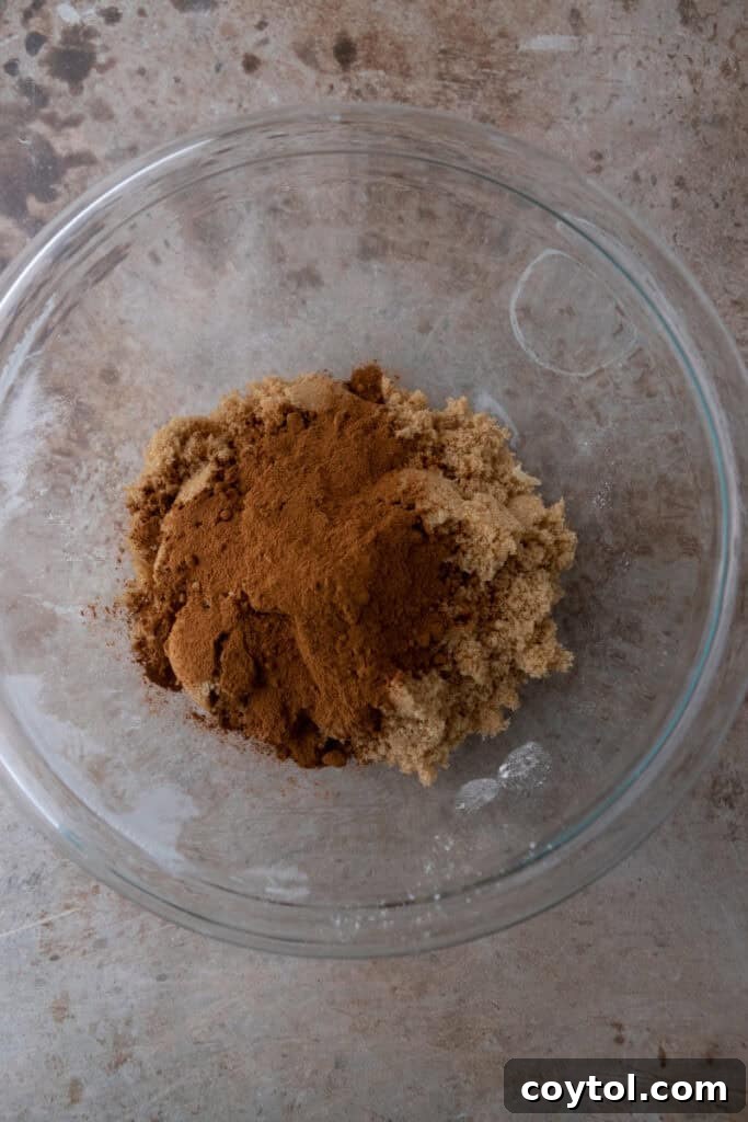Unmixed brown sugar and ground cinnamon in a small bowl, ready for combining.