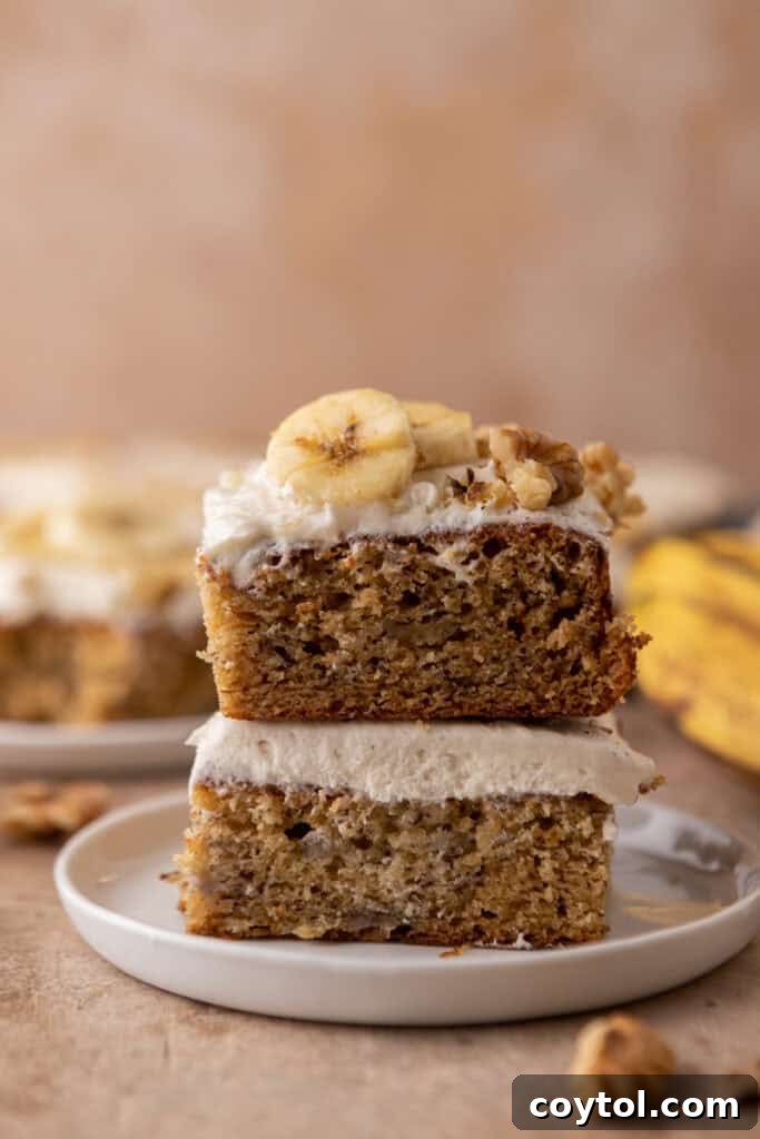 Two generous slices of frosted banana cake stacked on top of each other, showing the thick cake layers and frosting.