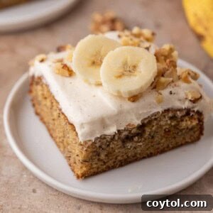 A slice of the banana cake recipe on a plate