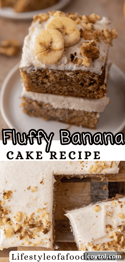 A beautifully frosted banana cake with cream cheese frosting, ready for serving.