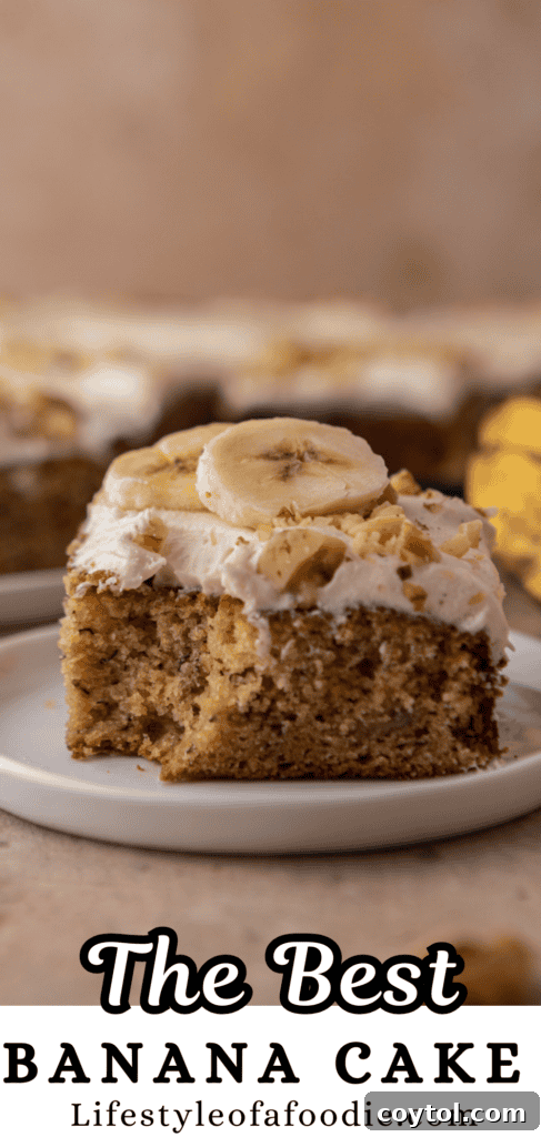 Another perspective of the frosted banana cake, highlighting its moist texture and rich frosting.