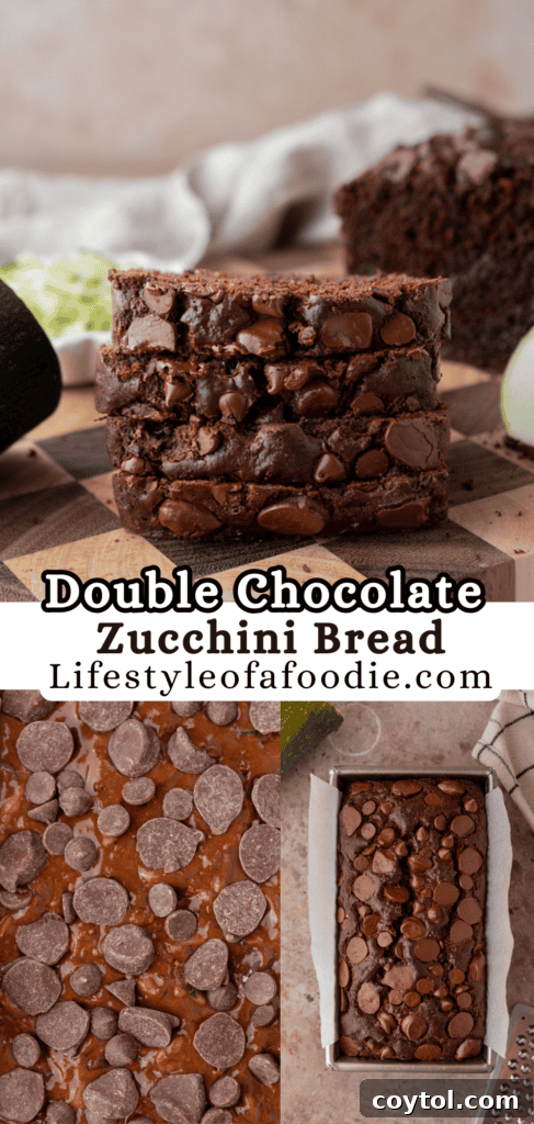 Pinterest pin of the double chocolate zucchini bread recipe, featuring a close-up of a slice with melted chocolate.