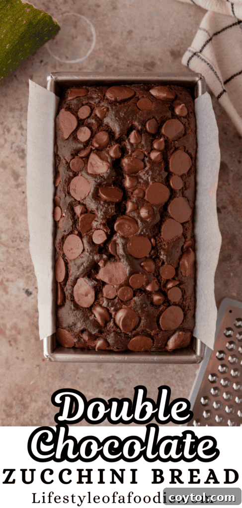 Another Pinterest pin for double chocolate zucchini bread, highlighting the rich, dark exterior.