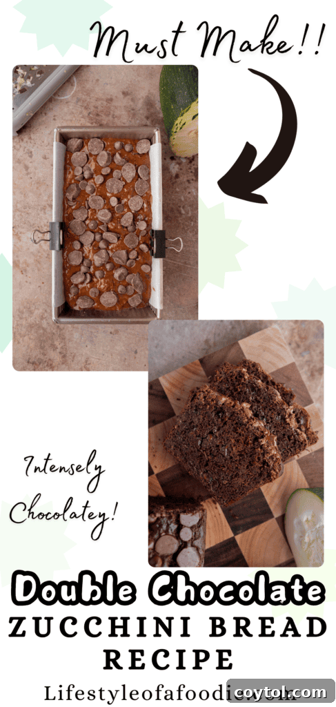 A third Pinterest pin for the double chocolate zucchini bread recipe, showing the whole loaf.