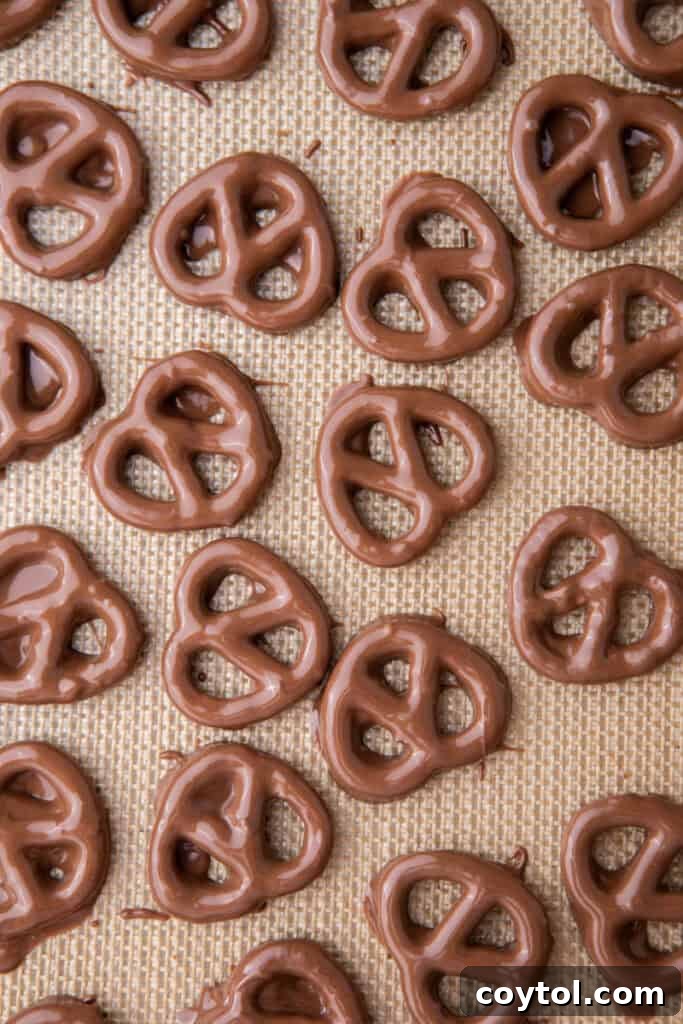 Irresistible Chocolate Pretzel Perfection 11 candy dipped snacks resting on a baking sheet