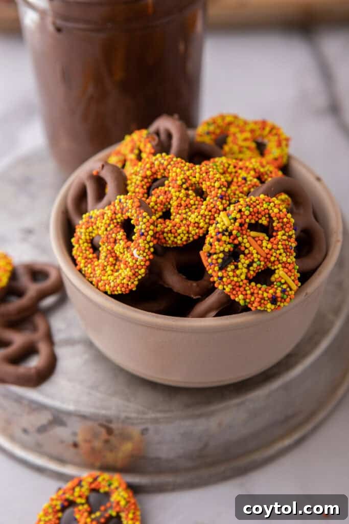 Irresistible Chocolate Pretzel Perfection 9 Chocolate covered pretzels recipe with sprinkles on them in a bowl