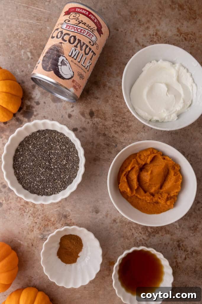 Arrangement of fresh ingredients required for the Easy Pumpkin Pie Spice Chia Seed Pudding Recipe