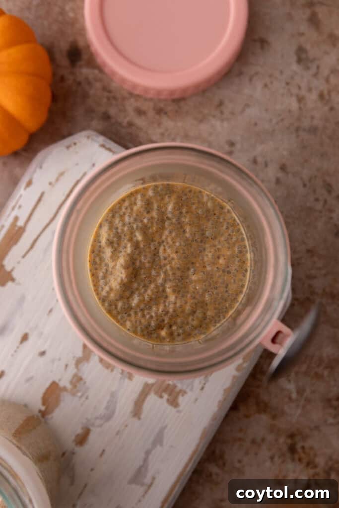Easy Pumpkin Pie Chia Seed Pudding Recipe in a glass jar with toppings, viewed from overhead