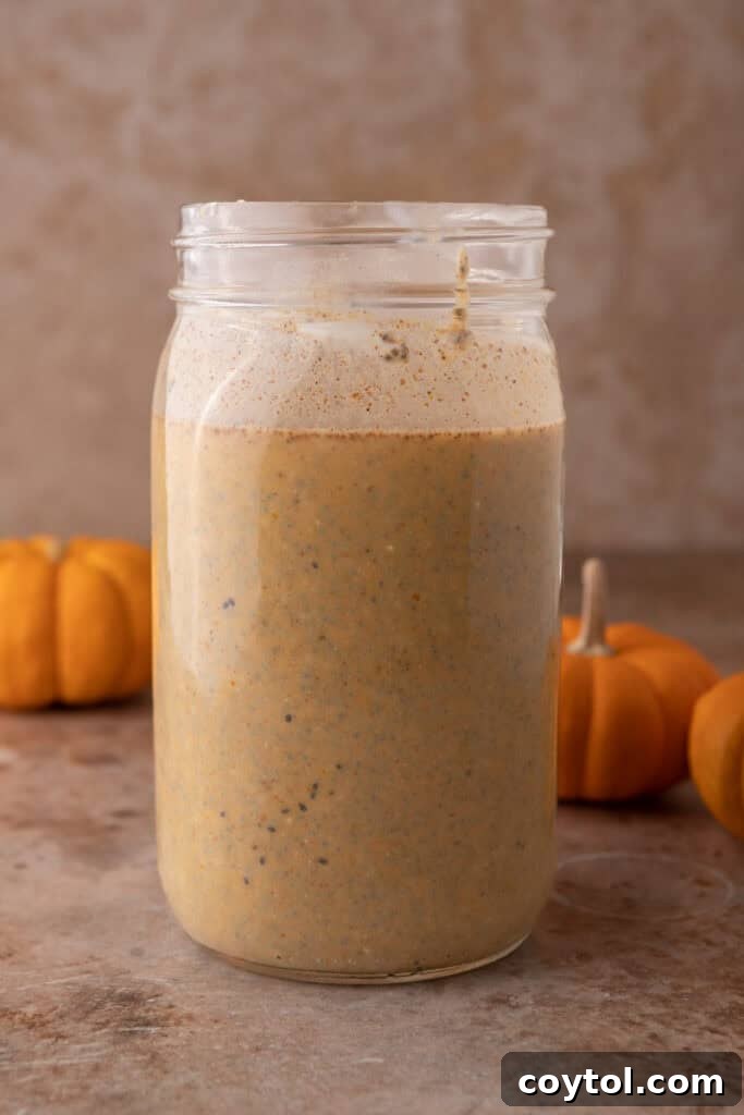 Mixed ingredients for Pumpkin Pie Spice Chia Seed Pudding in a jar, ready for chilling