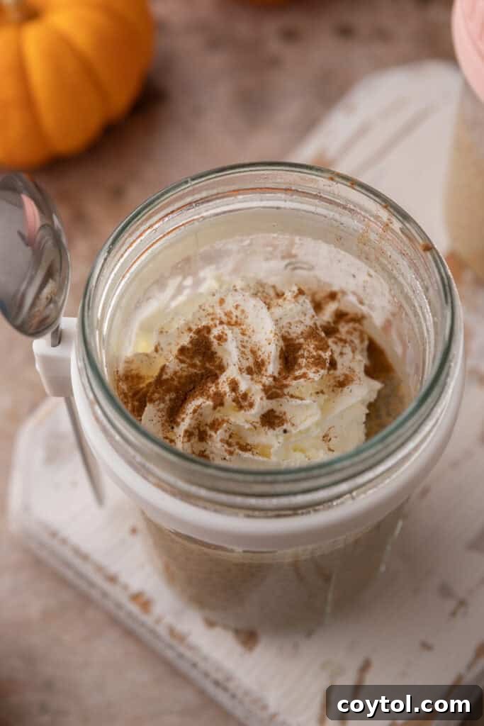 Overhead view of multiple servings of Easy Pumpkin Pie Spice Chia Seed Pudding Recipe in jars