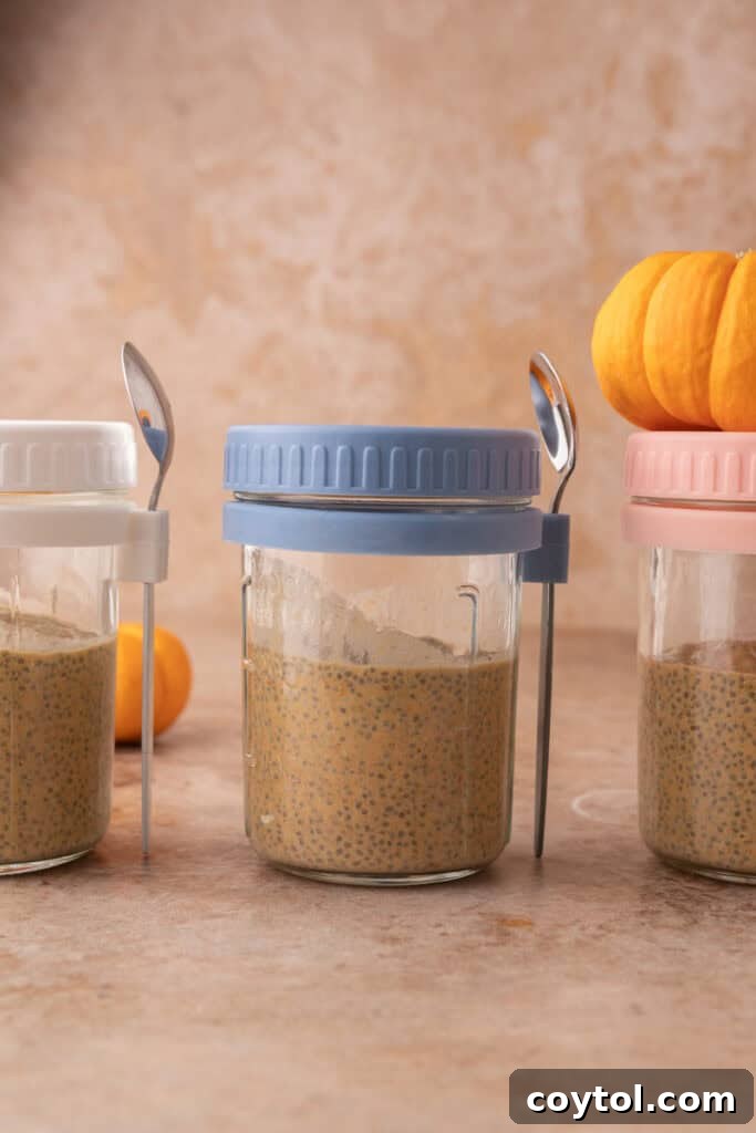 Multiple jars of the creamy Pumpkin Pie Chia Seed Pudding Recipe, ready to eat