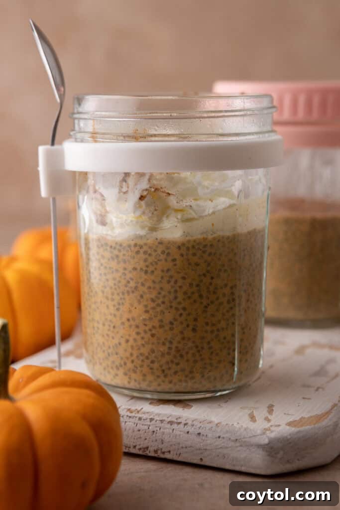 Pumpkin Pie Spice Chia Seed Pudding Recipe in a glass jar, perfectly garnished and ready to serve