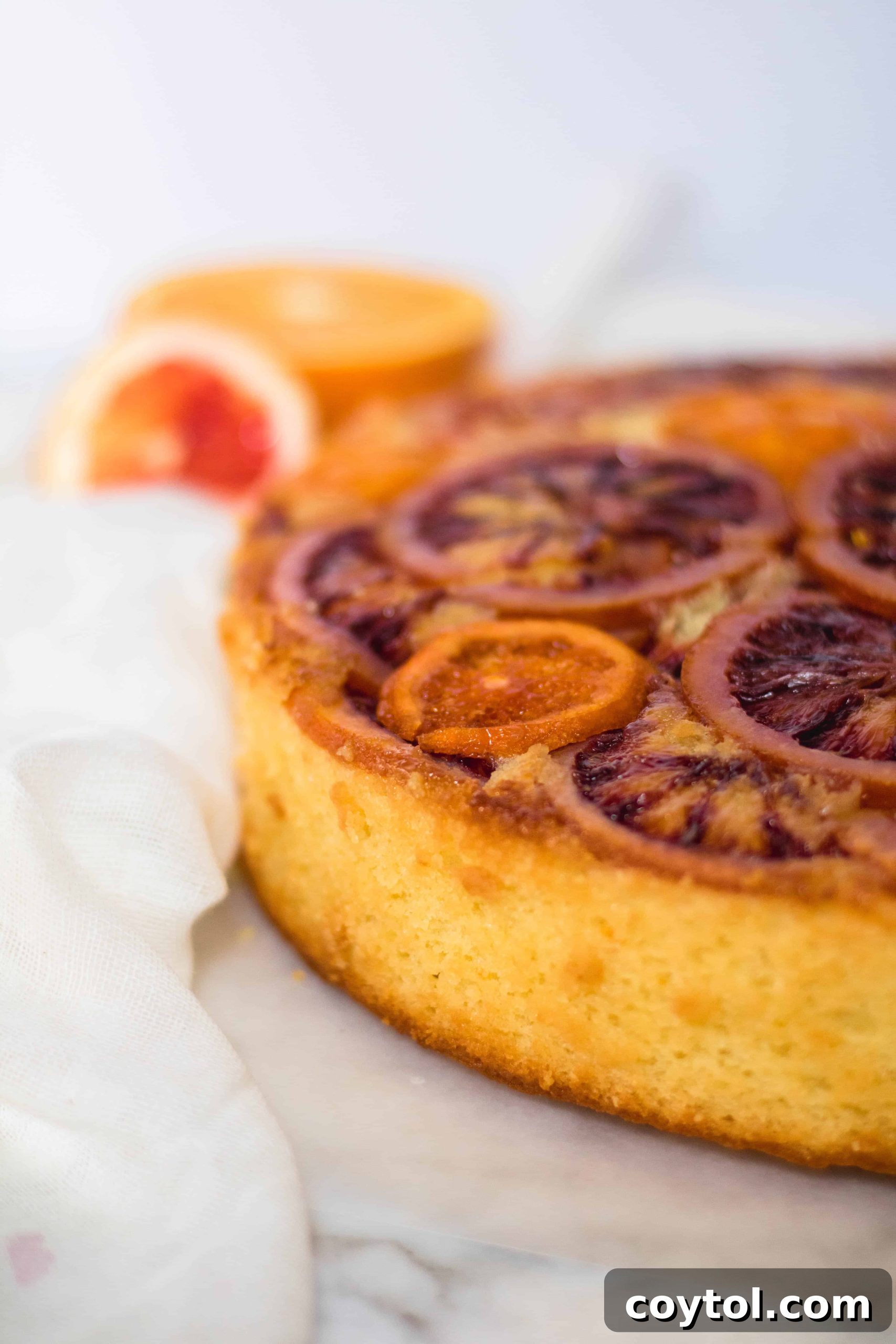 Close-up of blood orange upside down cake