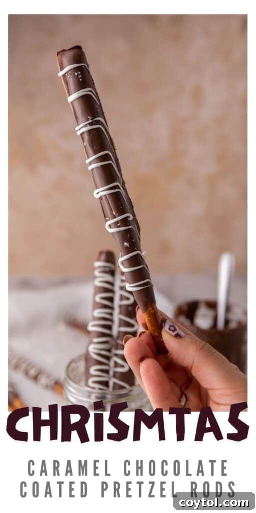 Another vertical image of Caramel Chocolate Dipped Pretzel Rods, perfect for pinning, emphasizing their festive appeal.