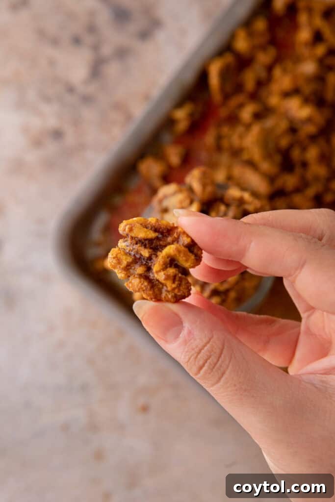 Holiday candied walnuts recipe being held up by a hand