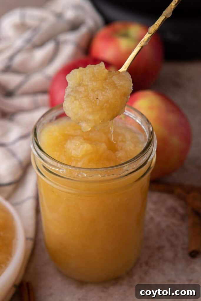 Homemade Instant Pot Applesauce in a spoon, showcasing its smooth texture and rich color, ready to be enjoyed as a healthy snack or delicious side.