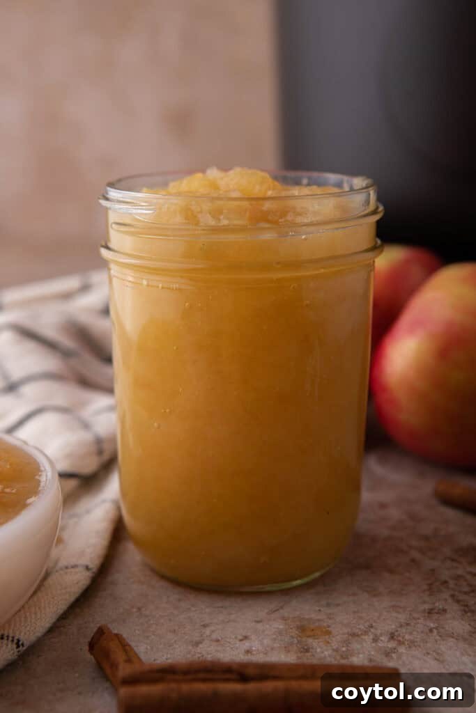 Freshly cooked applesauce, warm and inviting, stored in a clear glass jar on a rustic wooden surface, ready for sealing or serving.