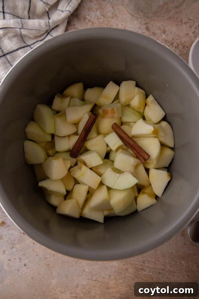 Peeled and sliced apples, water, lemon juice, and cinnamon sticks placed inside an Instant Pot, ready for pressure cooking to become homemade applesauce.