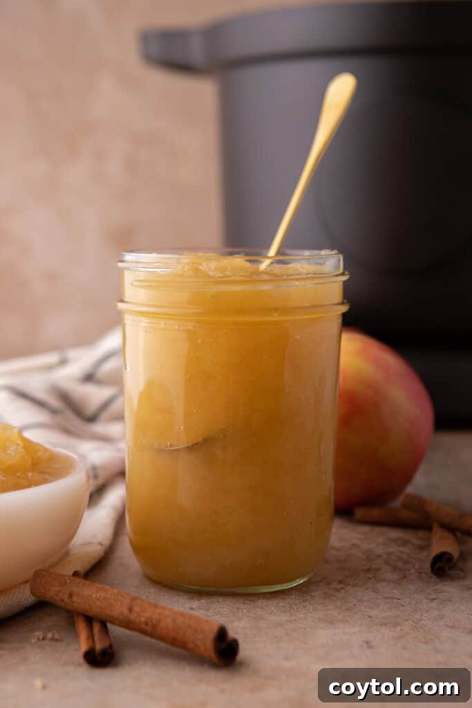 A glass jar filled with golden, freshly made Instant Pot Applesauce, positioned at an angle to show its appealing texture and homemade quality.
