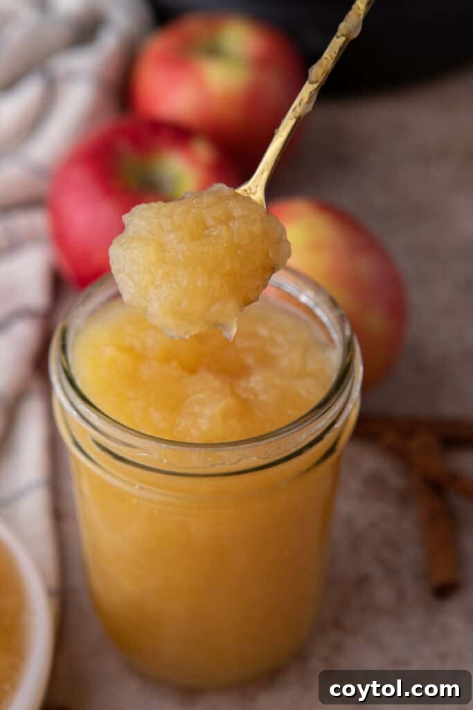 A spoon full of homemade Instant Pot Applesauce, showing its smooth, golden texture, with fresh apple slices blurred in the background.