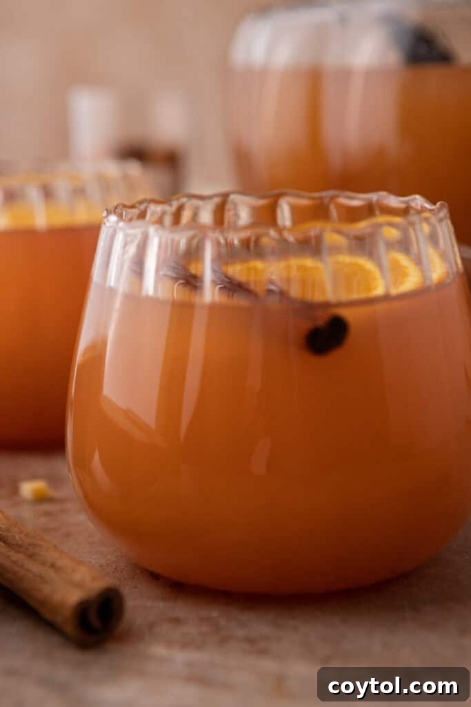 A close-up of a rustic cup filled with Instant Pot apple cider, garnished with a cinnamon stick and orange slice, on a wooden surface.