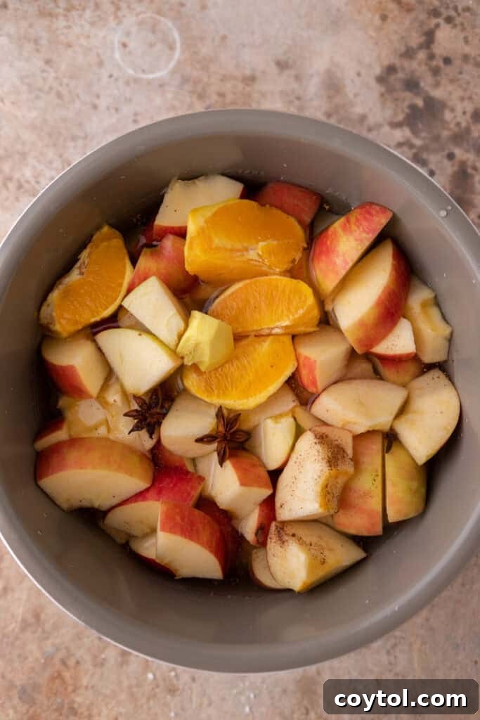 Fresh apple and orange chunks in an Instant Pot before cooking.