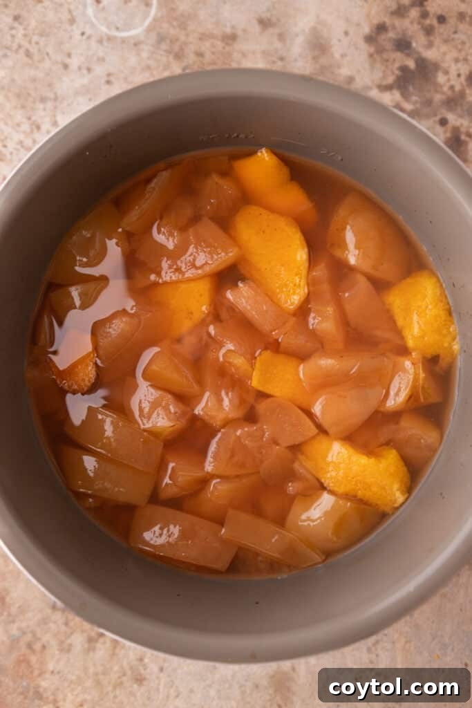 Apples, orange, and spices submerged in water inside an Instant Pot, ready for pressure cooking.